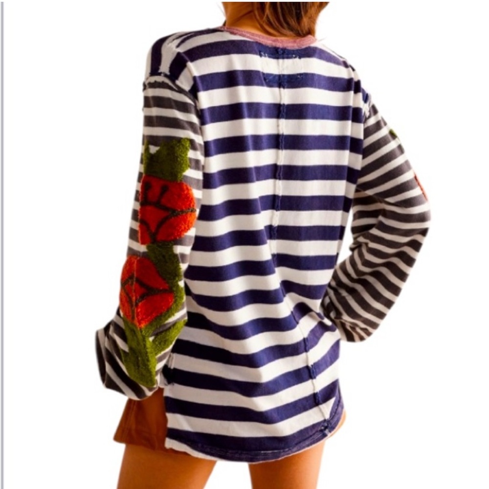 We the Free Rose Stem shirt - Striped Long Sleeve Top with Flower Embroidery